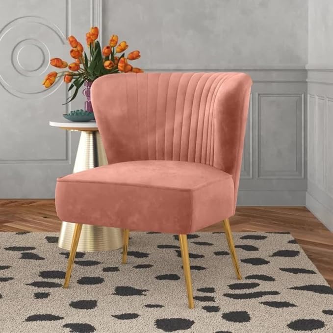 Eye-Catching Elegant Wide Tufted Velvet Lounge Chair Living Room | Pleated Details Soft Foam Filling Solid Wood &amp Gold Metal Legs | Size: 31''H x 26''W x 29.5''D Glam Luxe Look Pretty Pink Color