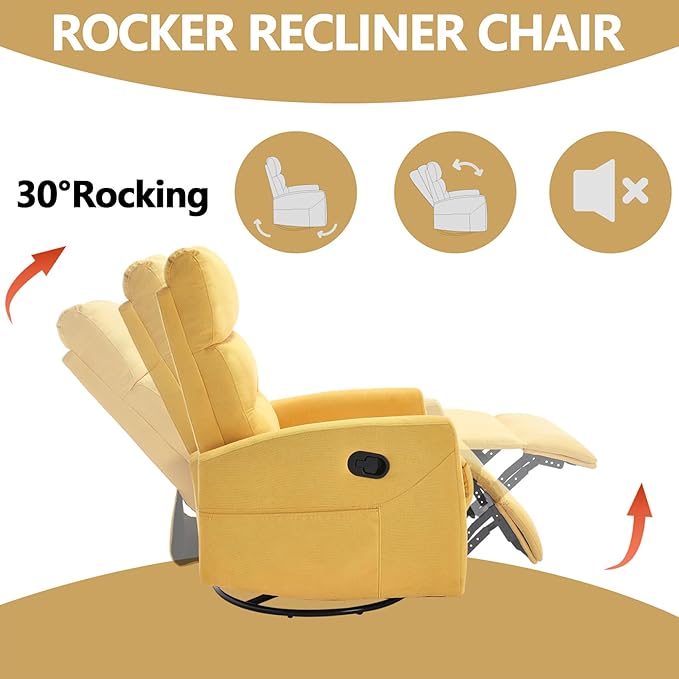 Slim Lazy Boy Recliners for for Adults Swivel Rocking Chair Recliner with High Back Small Recliner Chair for Small Spaces Manual Reclining Chair for Living Room Adjustable Footrest (Yellow)