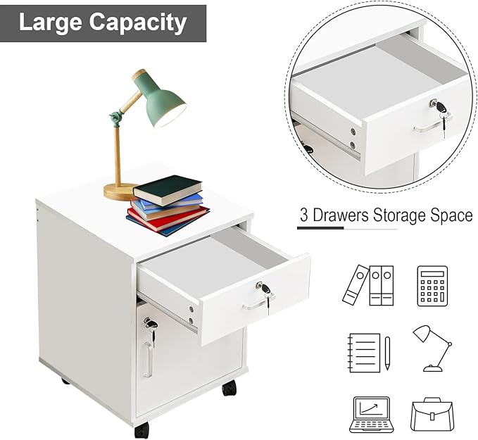 Mobile 2 Drawer File Cabinet with Lock Wooden Under Desk Filing Cabinet with Wheels Small Rolling Storage Cabinet for Home Office Organizer A4/Letter Size/Legal White