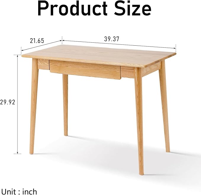 100% Solid Oak Wood Home Office Desk Mid Century Modern Desk Writing Computer Desk with Drawer for Home Office Sturdy Writing Workstation 39