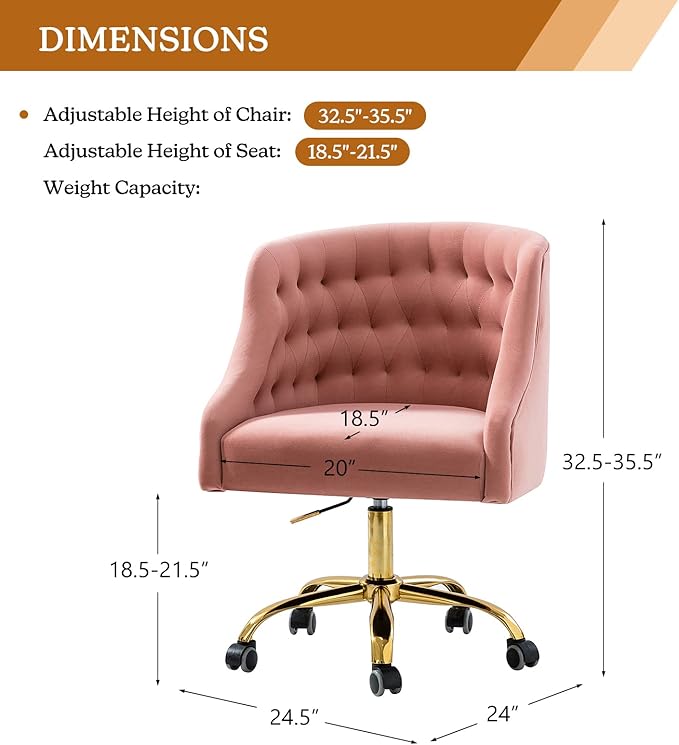 Velvet Home Office Chair with Gold Base Comfortable Modern Cute Desk Chair Adjustable Swivel Task Chair for Living Room Bedroom Vanity Study Pink