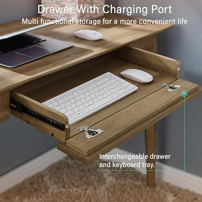 Newport Series Home Office Computer Writing Desk with Fully Extended Drawer | Laptop PC Workstation With USB Hub | Sturdy and Stylish | Easy Assembly| Golden Oak Wood Look Accent Living Room Furniture