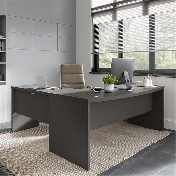 Pemberly Row 72W Bow Front L Shaped Desk Engineered Wood in Charcoal Maple Durable Thermally Fused Laminate Includes 42W Desk Return Workstation for Home or Professional Office Use