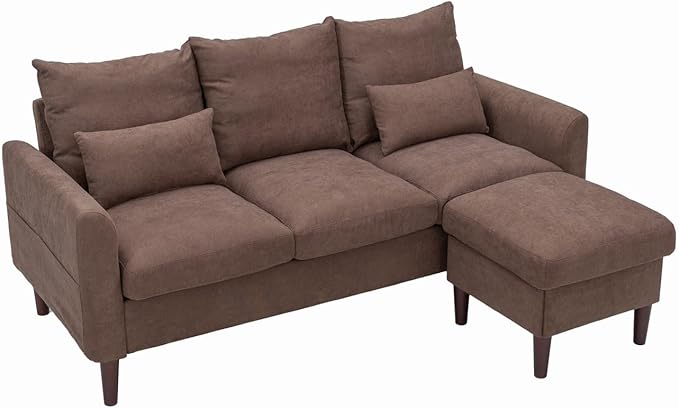 Panana 3 Seater with Footstool Chaise Small L-Shaped Corner Sofa Couch Armchair Furniture for Living Room Office (Brown Linen 3 Seater + Ottoman)