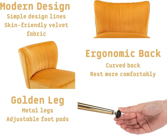 Yellow Velvet Accent Chairs Set of 2 with Golden Legs Upholstered Side Chairs Mid-Century Modern Slipper Chairs for Guest Room Comfy Armless Wingback Corner Single Sofa Living Room Chairs