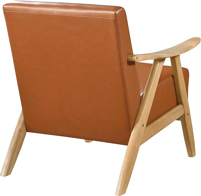 Lexicon Mid Century Modern Accent Chair with Solid Wood Frame in Natural Finish Faux Leather Living Room Lounge Arm Chair Thick and Comfy Innerspring Seat Cushion Brown