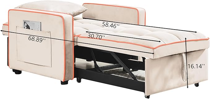 3 in 1 Convertible Sleeper Sofa Chair 35 Pull Out Sofa Bed Recliner for Adult with Adjustable Backrest Velvet Fabric Sleeper Couch Single Modern Chair for Living Room Bedroom Cream White