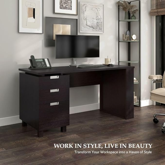 Furniture of America Collin Modern 3-Drawer and 2 Magazine Racks Wood 60-inch Office Desk with Built-in File Cabinet for Study Room Home Office Espresso