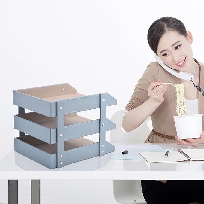 Leather Desk Organize Holder3-Layer Stackable Letter TrayUsed to Store documentsFoldersStationeryMagazinesPaperand Other Home Office SuppliesDesk File Rack (Grey)