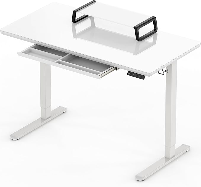 SHW 48x24 Glass Electric Height Adjustable Standing Desk – Motorized Sit Stand Desk with Monitor Riser Pull-Out Drawer Memory Presets White