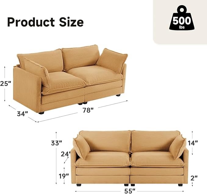 78 Loveseat Sofa for Living Room Modern 2 Seater Corduroy Sofa Couch for Bedroom OfficeYellow