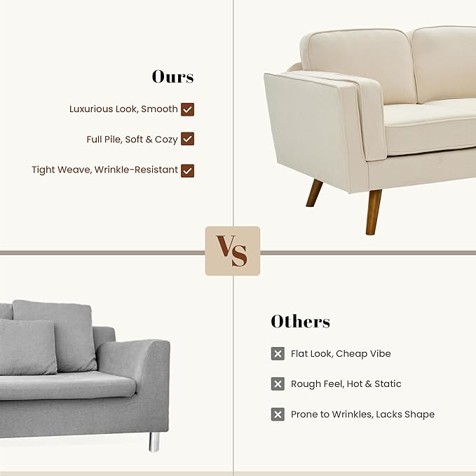 Kingfun 83 Chenille Sofa 3 Seater Couch with Deep Seats Mid Century Modern Upholstered Couches with Dual-Layer Armrests for Living Room &amp Bedroom Beige