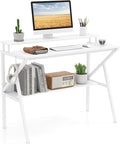 Giantex Small Desk with Storage Compact Computer Desk for Small Spaces with Monitor Stand Metal Frame &amp Earphone Hook Laptop PC Table Modern Writing Desk for Home Office Bedroom (White)