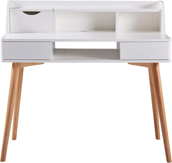 Teamson Home Creativo Writing Study Computer Desk with Solid Wood Legs Storage Drawers and Open Shelves Hutch for Home Office Living Room Reading Bedroom 37 inch Height White
