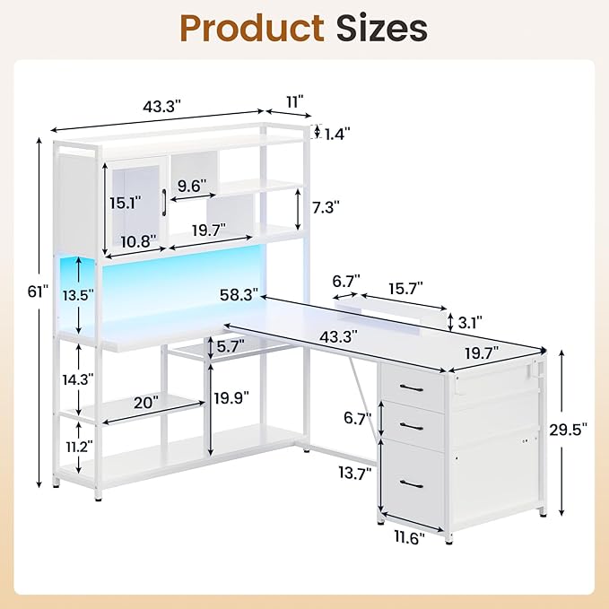 SEDETA L Shaped Computer Desk 58'' Office Desk with 3 Drawers and Bookshelf L Shaped Corner Desk with Storage Shelves and LED Light for Home Office Gaming Desk L Desk White