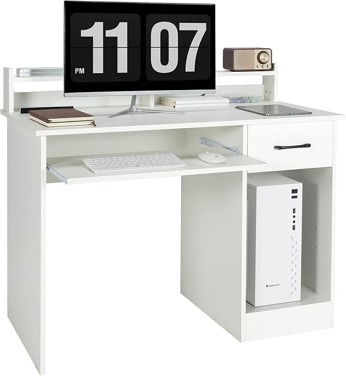 COSTWAY Computer Desk with Hutch Home Office Desk with Drawer Adjustable Shelf &amp Keyboard Tray Study Writing Desk Executive Workstation for Living Room Bedroom &amp Study (White)
