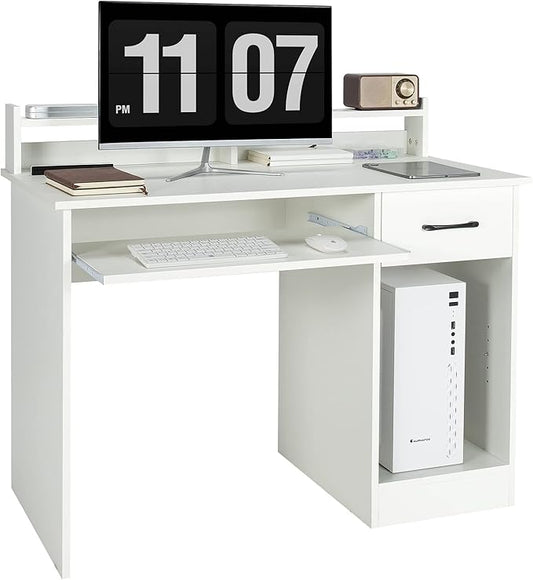COSTWAY Computer Desk with Hutch Home Office Desk with Drawer Adjustable Shelf &amp Keyboard Tray Study Writing Desk Executive Workstation for Living Room Bedroom &amp Study (White)