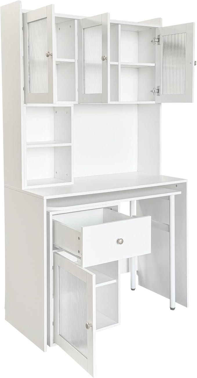 LUMISOL Home Office L Shaped Desk with Hutch &amp Bookshelf Computer Desk with 90 Degree Rotating Desktop Multi-Functional Woking Table with Storage Drawers for Study Room Office Living Room White