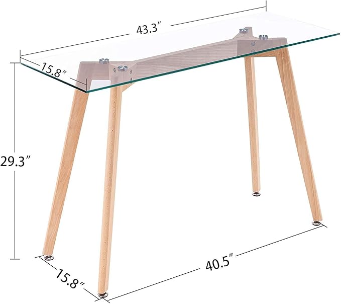ivinta Glass Office Desk 43 Rectangular Computer Desk with Solid Wood Legs Modern Dining Table for Living Room Office Kitchen TAM-WT