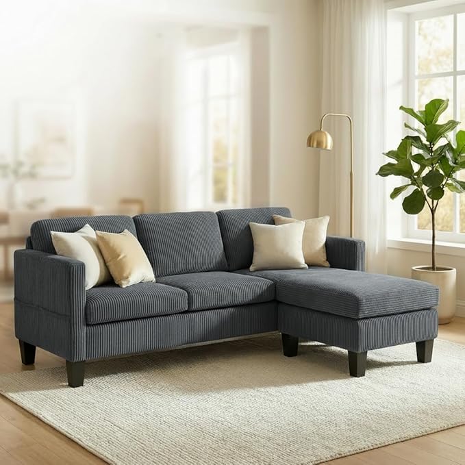 Modern L-Shaped Sofa with Corduroy Fabric 3-Seater Sectional Couch for Small Space Space-Saving Design Easy Assembly (Gray)
