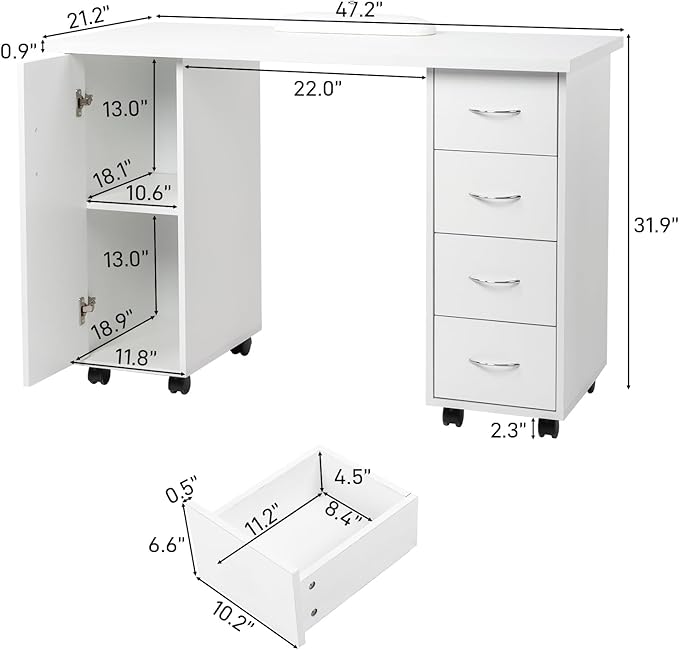White Mobile Home Office Desk W/Cabinet &amp 4 Drawers Rolling PC Desks Table Computer Desk On Wheel Office Desk with Storage Shelves White Desk Mobile Training Table for Collaboration 120x54x81