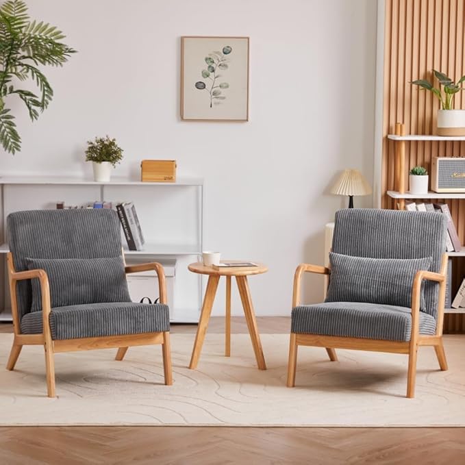 Mid-Century Accent Chair Upholstered Fabric Living Room Chair with Solid Wood Frame Modern Small Side Arm Chairs Comfy Wingback Reading Chair for Bedroom Office (Dark Grey A+Table)