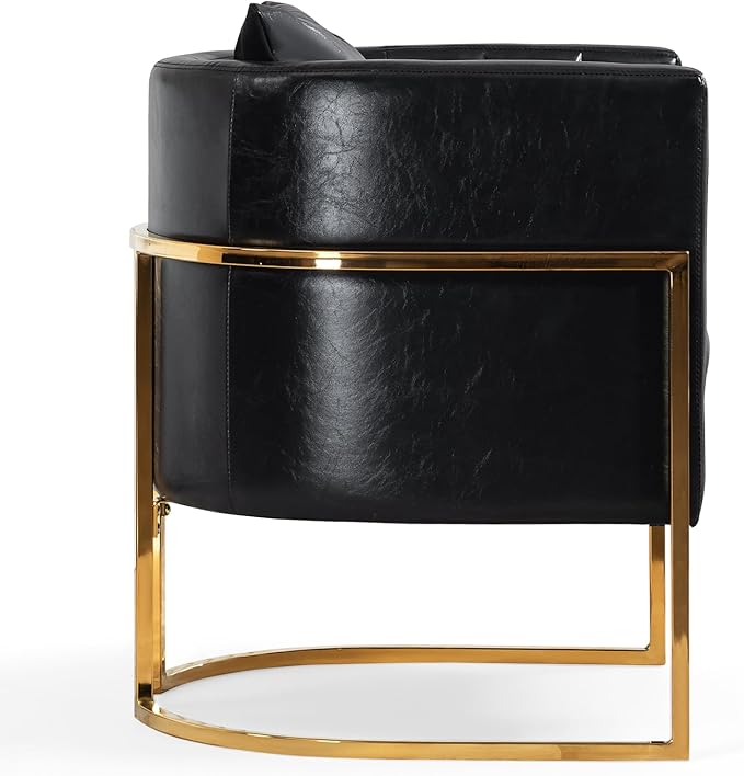 Modern Leather Accent Chairs Set of 2 Mid Century Upholstered Barrel Armchair with Pillow for Living Room Comfy Single Vanity Chair with Metal Gold Legs for Bedroom Black