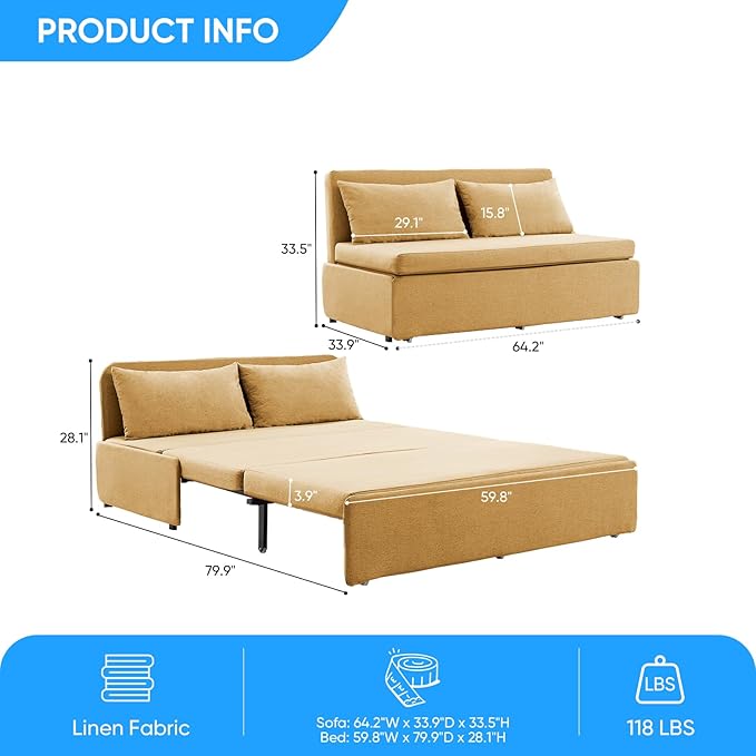 Mjkone 64 W Sofa Bed Queen Size with Pull Out Bed 2-in-1 Modern Linen Living Room Pull Out Sleeper Sofa Couch Beds with Cushions &ampThrow Pillows for Apartment Office Studio Small Place Yellow