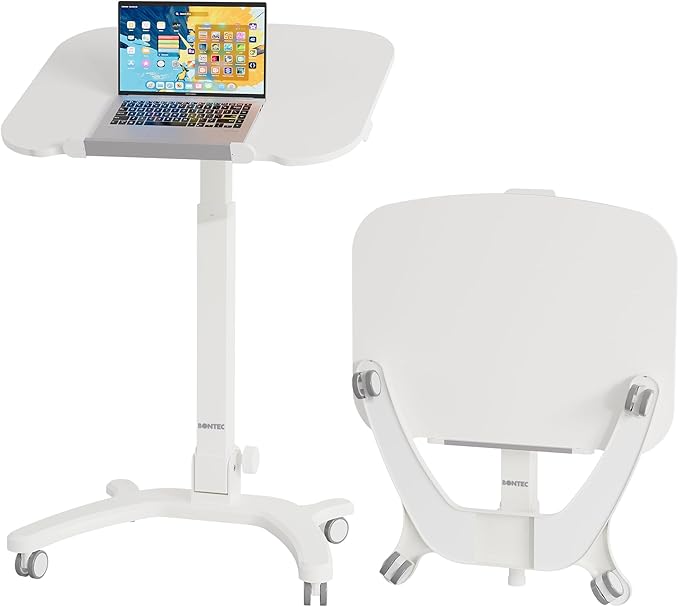 BONTEC Mobile Foldable Standing Desk Portable Adjustable Height Desk with Gas Spring Small Rolling Laptop Desk with Wheels for Home Office Bedroom and Medical Use 25.6 x 19.7 Desktop White