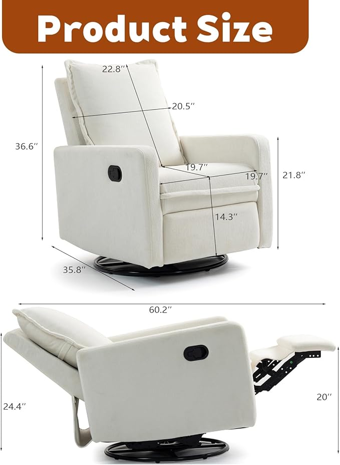 White Swivel Nursery Rocking Chair Manual Glider Recliner with High Backrest for Adults Upholstered Nursery Recliners Chair with Footrest Pedal for Small Spaces Living Room Bedroom (White)