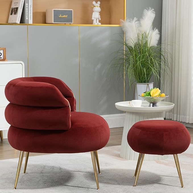 Single Sofa Chair Velvet Accent Chair with Ottoman Round Sofa Chair Modern Barrel Chair with Gold Buckle and Leg for Living Room Bedroom Waiting Room Small Spaces (Red)
