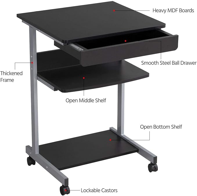Yaheetech Mobile Computer Desk Cart Small Rolling Laptop Desk PC Table Workstation with Drawer and Printer Shelf Writing Desk Table for Small Space/Home Office