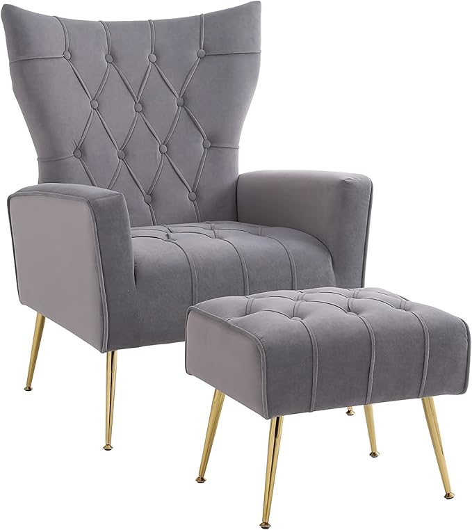 Velvet Accent Chair with Ottoman Modern Sherpa Chair with High Backrest and Armrest Upholstered Reading Chair with Ottoman Set Comfy Living Room Chair with Metal Leg for Bedroom (Grey)