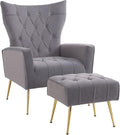 Velvet Accent Chair with Ottoman Modern Sherpa Chair with High Backrest and Armrest Upholstered Reading Chair with Ottoman Set Comfy Living Room Chair with Metal Leg for Bedroom (Grey)