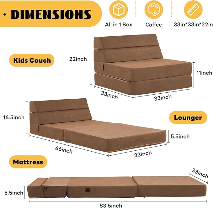 jela Foldable Sofa Bed Large Soft Foam Convertible Sleeper Chair Luxury Miss Fabric Fold Out Chair Bed Floor Couch with Back Support Floor Sofa for Living Room Bedroom (83x33Coffee Brown)