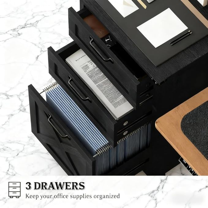 3 Drawer Small File Cabinet with Lock Under Desk Locking Storage Cabinet Organizer for Home Office Filing CabinetsDistressedBlack