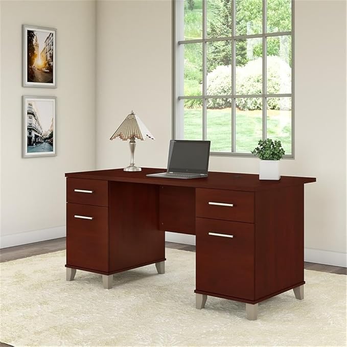 Bush Home 60-inch Home Office Desk with Drawers Large Computer Table with Storage Transitional Style Somerset Collection Hansen Cherry