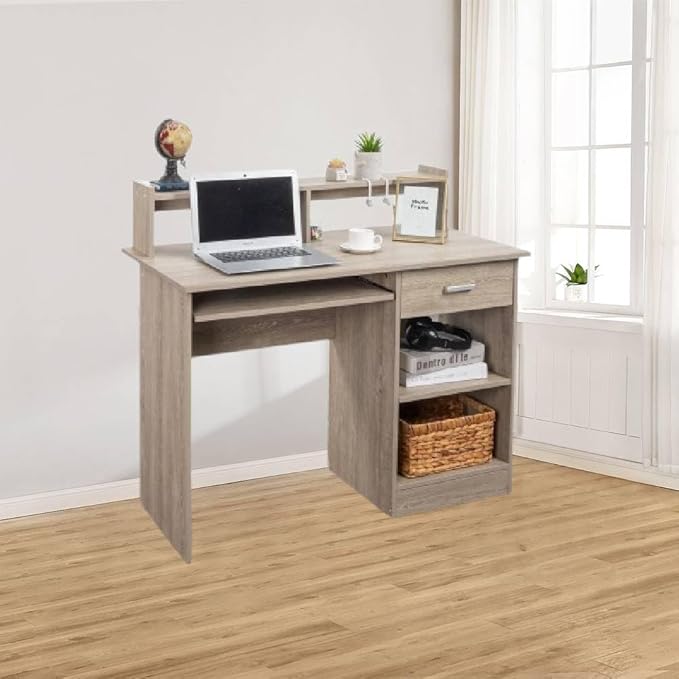 Gray Particleboard Computer Desk with Storage Shelves Modern Office Desk Computer Table Studying Writing Desk Workstation with Bookshelf and Shelf for Home Office  Desk with Side Shelf 110x50x95CM