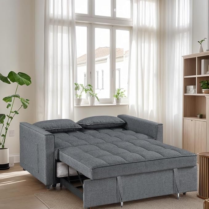 3-in-1 Convertible Loveseat Sofa Bed with Pull Out Bed and Storage Sectional Counch for Living Room Apartment Bedroom Office | Adjustable Backrest | Gray