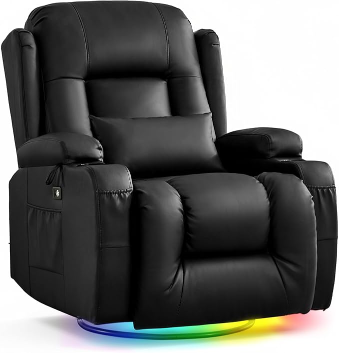 URRED Rocker Recliner Chair for Adults 270° Swivel Glider Reclining Single Sofa with LED Ambient Light Cup Holders and Side Pockets Faux Leather Recliner for Living Room or Home Theater Black