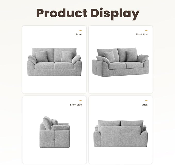 76 Boneless Loveseat Sofa Cloud Foam Couch 3 Seater Upholstered Midcentury Mondern Love Seat Wide Armrest and 4 Pillows for Home Living Room/Small Spaces No Assembly Required Grey