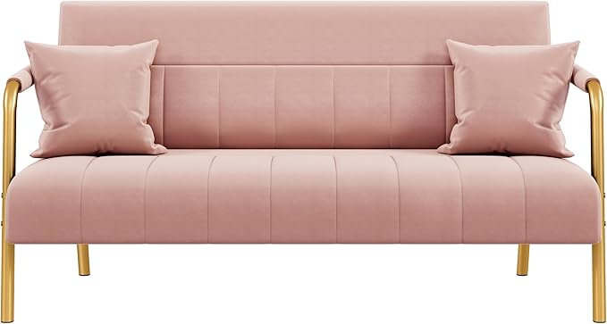 Yaheetech 56.5 W Modern Sofa Small Sofa Luxurious Velvet Fabric Couch with Gold-Tone Metal Arms and Legs for Living Room Home Office Studio Pink