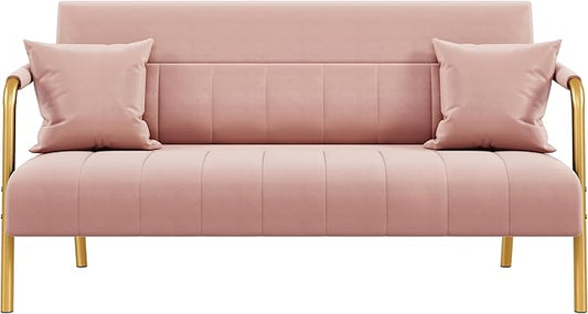 Yaheetech 56.5 W Modern Sofa Small Sofa Luxurious Velvet Fabric Couch with Gold-Tone Metal Arms and Legs for Living Room Home Office Studio Pink