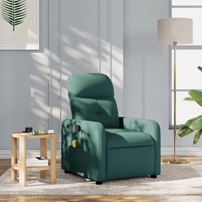 vidaXL Dark Green Massage Recliner Chair - Fabric Upholstered Manual Reclining Armchair with Vibration Massage Side Pocket and Sturdy Frame for Living Room Lounge
