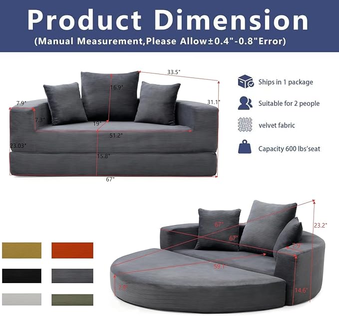 67 Round Convertible Folding Sofa Bed Boneless Couch Loveseat Floor Sleeper Chaise Lounge for Living Room Apartment Dorm Small Spaces Gray