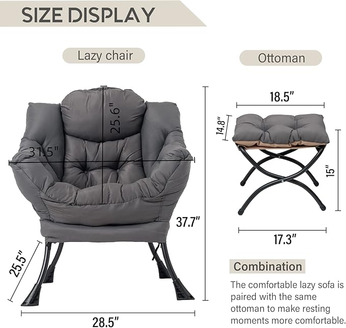 LITA Lazy Chair with Ottoman Modern Accent Leisure Upholstered Lazy Sofa Armchair Contemporary Lounge Reading Chair with Armrests and a Side Pocket for Living Room Bedroom &amp Small Space Dark G