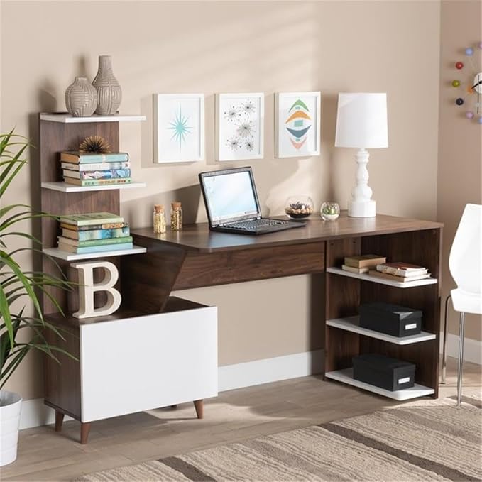 BOWERY HILL Storage Computer Desk 60.6 Wide Wood Construction White and Walnut Brown Finish 6 Shelves with Enclosed Compartment Mid-Century Style for Home Office or Workspace