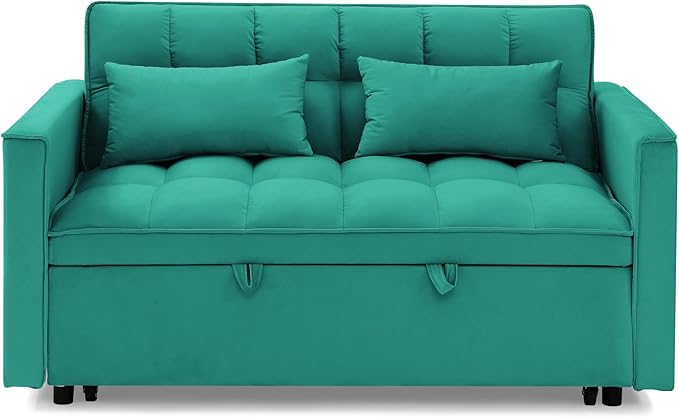 KEIKI 54.33 Pull-Out Sofa Couch Bed 2 in 1 Convertible Velvet Sleeper Sofa with Adjustable Back for Apartment Living Room Antique Green