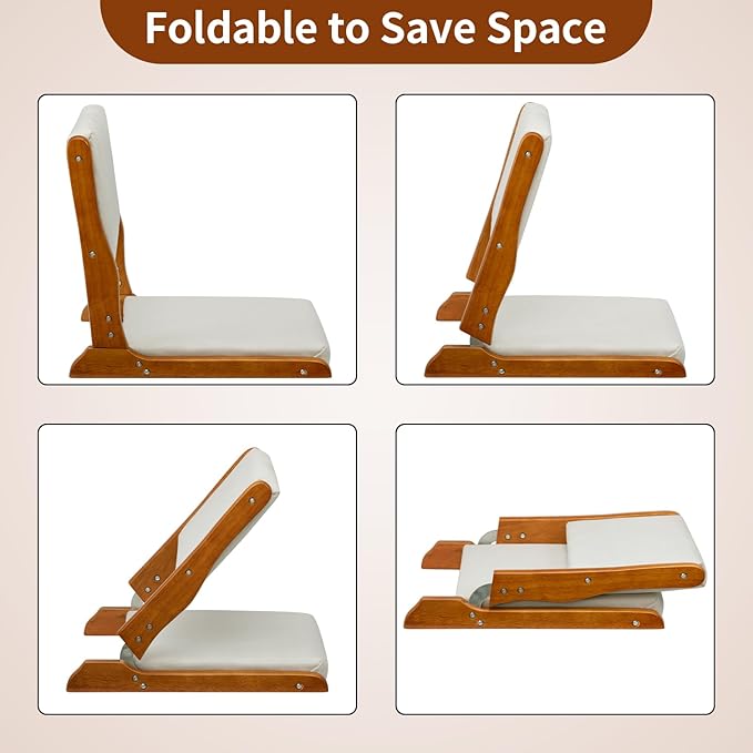 HollyHOME Floor Chair with Back Support Foldable Japanese Style Floor Chair Wood Legless Tatami Chair with Cushion Accent Meditation Floor Seat for Bay Window Living Room Bedroom Beige