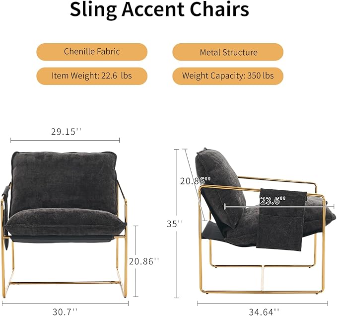Modern Sling Accent Chairs Set of 2 Grey Chenille Fabric Living Room Chairs Set of 2 Reading Chair for Bedroom Corner Side Arm Chair Armchair Sillas para Sala Gold Metal Frame (Grey)